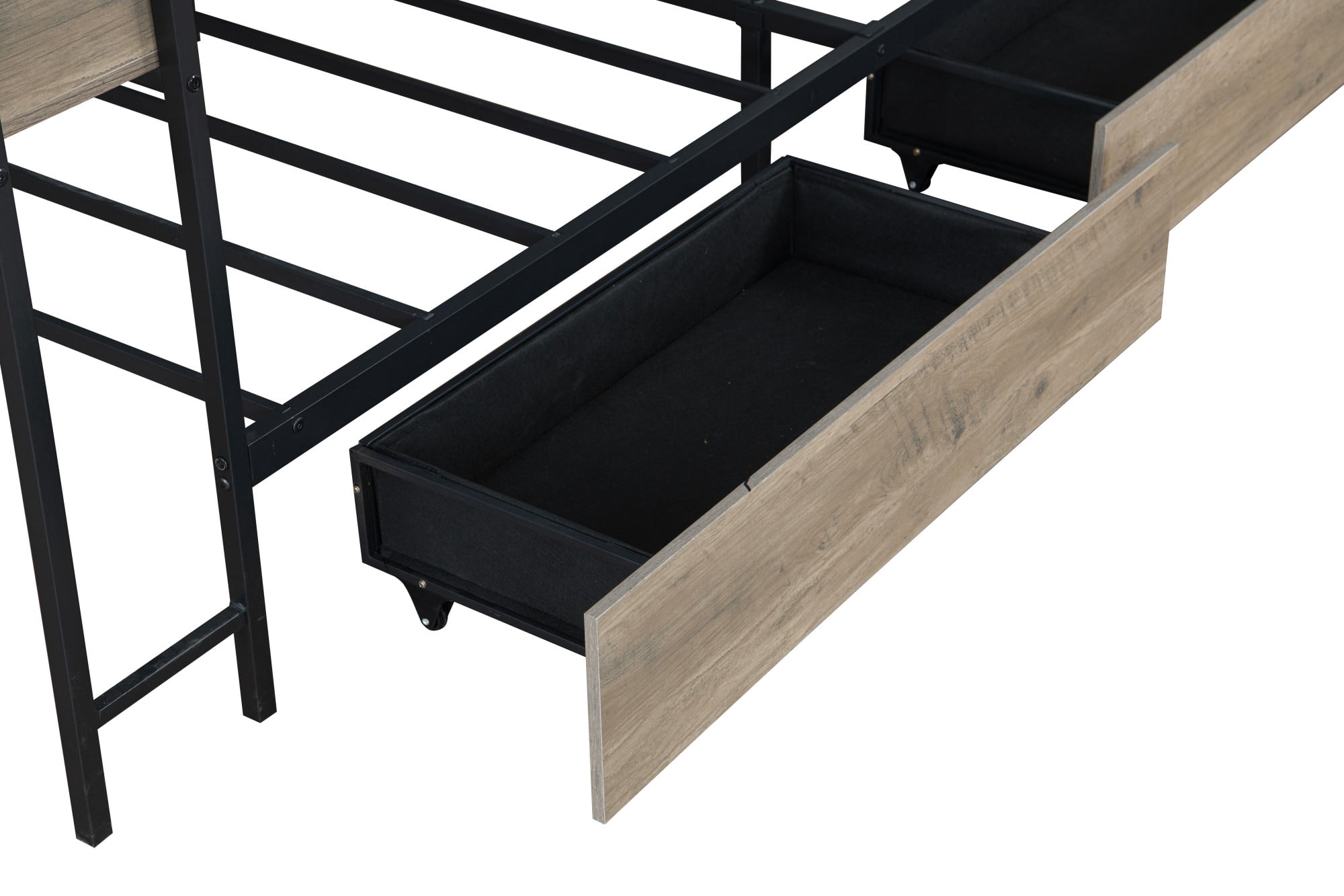 Aukfa Twin Corner Bed Frame with Desk, 2 Storage Drawers, Bookcase, Charging Station and LED Lights, Gray