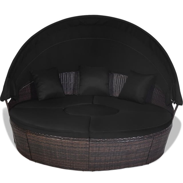 Pemberly Row Patio Rattan Daybed Cushioned Sofa Table Top Canopy Black