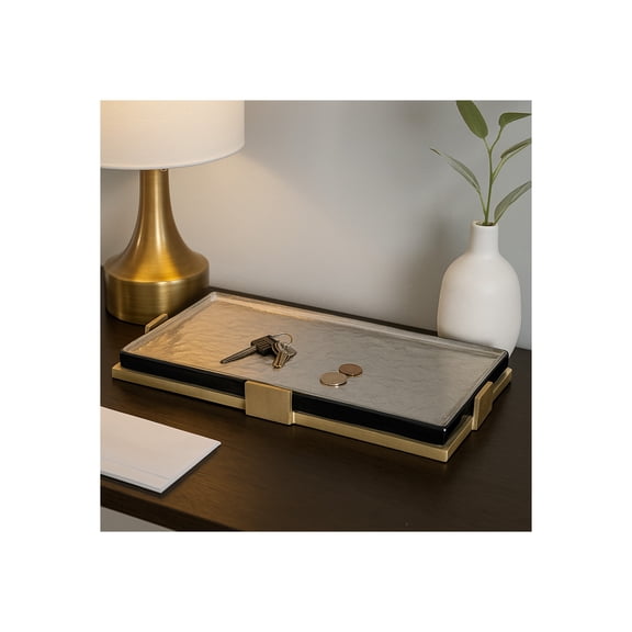 House Decor Bed Tray or Coffee Table Decor - Sleek Tray with Metal Frame and Glass Top for Home Decor Accents - Modern Decorative Centerpiece for Jewelry, Trinket, or Vanity Tray - 2" Gold & Black