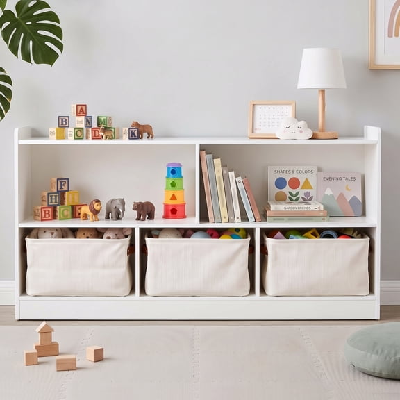 Jolie Vallee Kids Bookshelf with 3 Storage Bins, Toddler Book Shelf for Kids Rooms, Kids Room Storage Organizer for Playroom, Nursery & Kindergarten