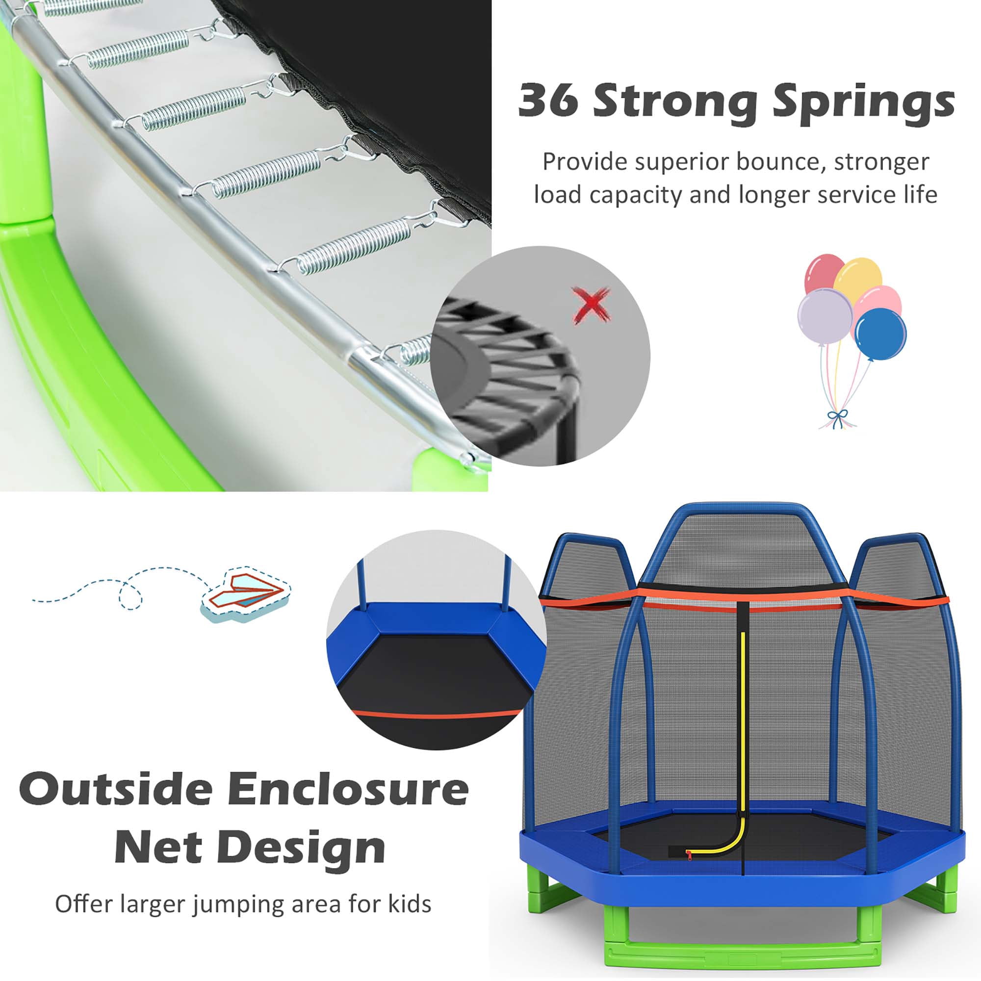 Costway 7 FT Kids Trampoline with Safety Enclosure Net Spring Pad Indoor Outdoor Heavy Duty Blue