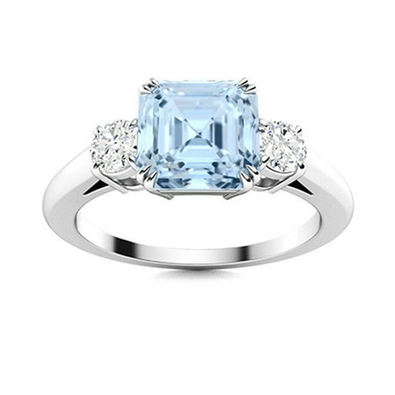 Mooneye 6mm Square Shape Aquamarine 925 Sterling Silver Women Trilogy Valentines Day Gift Ring