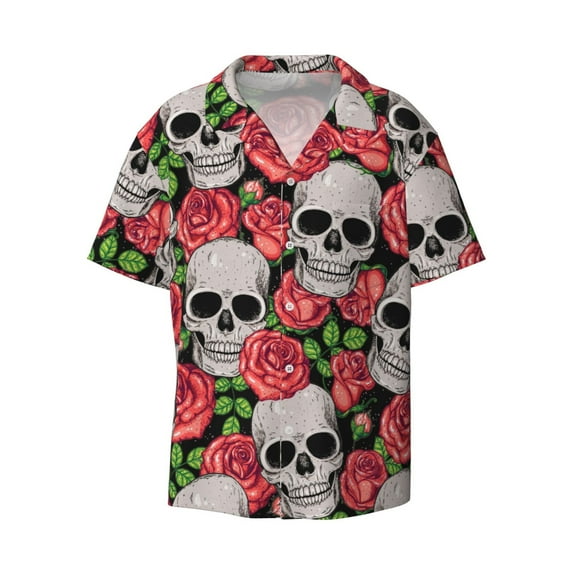 Naloa Skull and Roses Men's Loose Fit Cuban Collar Short-Sleeve Shirt with Button-down and Chest Pocket for Everyday Wear Outings - Small