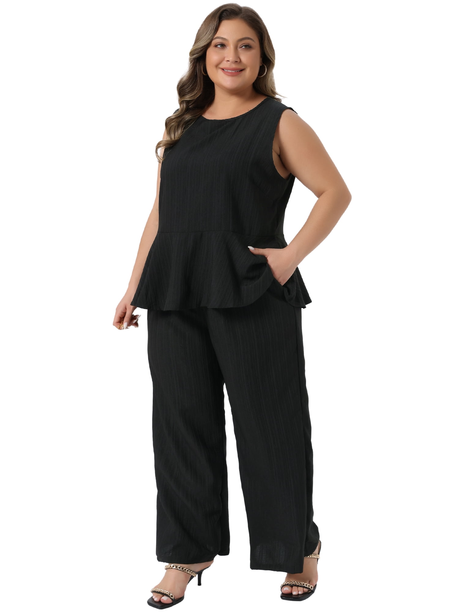 DARING DIVA Women's Plus 2 Piece Outfits Round Neck Peplum Ruffle Tank Tops 3X Black