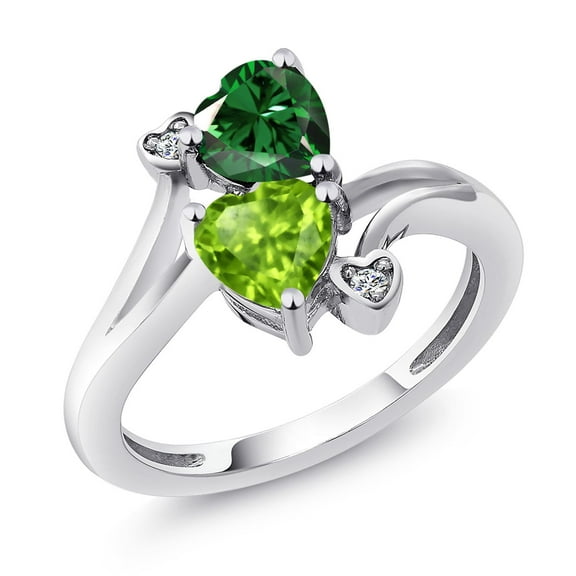 Gem Stone King 1.50 Cttw Green Nano Emerald Green Peridot and White Moissanite Ring for Women | 925 Sterling Silver | Heart Shape 6MM | Gemstone May Birthstone | Available in Size 5 - 9 | Size 9