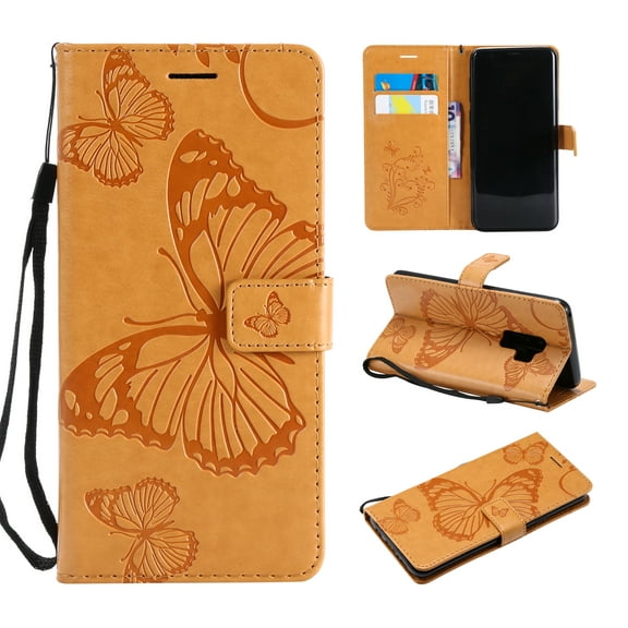 S9 Case, Samsung Galaxy S9 Case - Allytech Premium Wallet PU Leather with Fashion Embossed Floral Butterfly Magnetic Clasp Card Holders Flip Cover with Hand Strap, Yellow