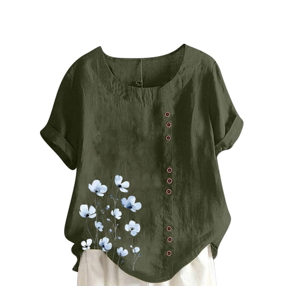 Cmfcve Women's Summer Oversize Tops Short Sleeve Round Neck Cotton Linen Tee Shirt Print Breathable Henley Button Blouse