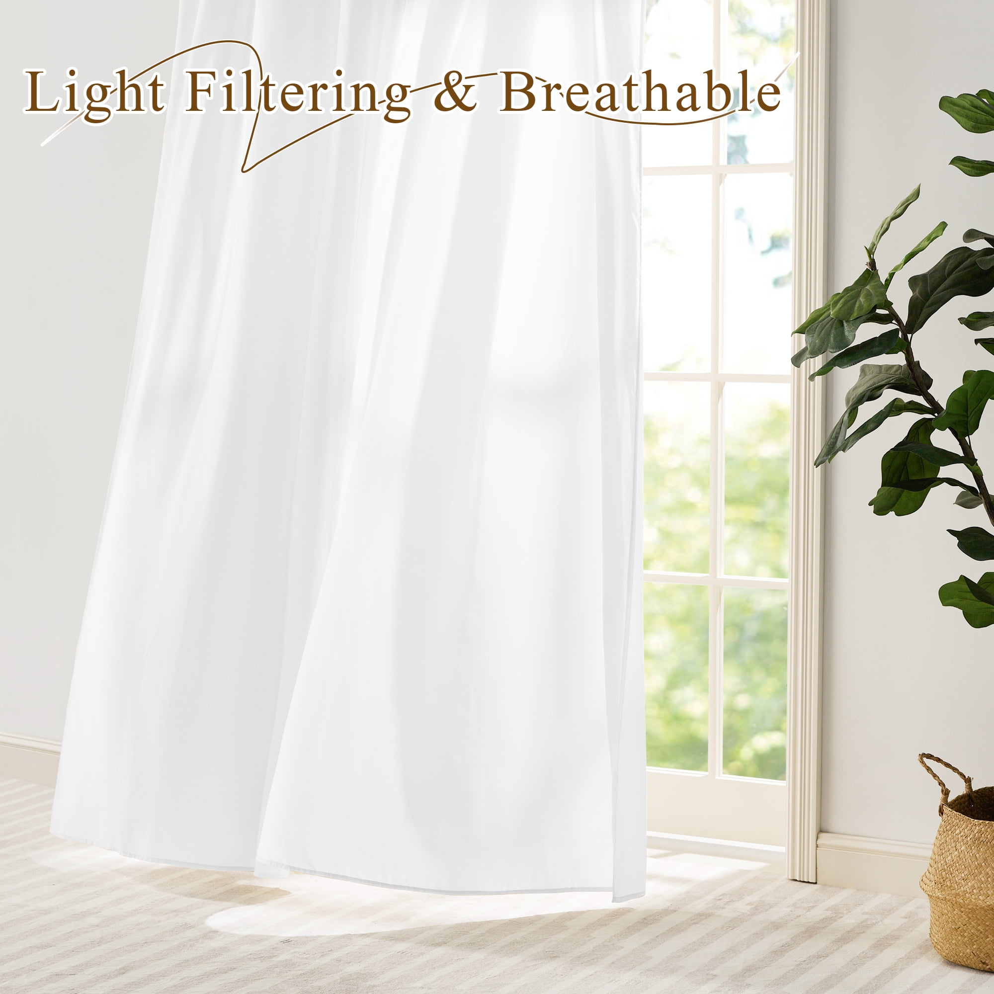 StangH Non-See-Through White Sheer Curtains - Elegant Light Filtering Drapes Rod Pocket & Back Tab Privacy Treatments for Bedroom/Living Room/Nursery/Ofiice, W52 x L84, 2 Panels Set