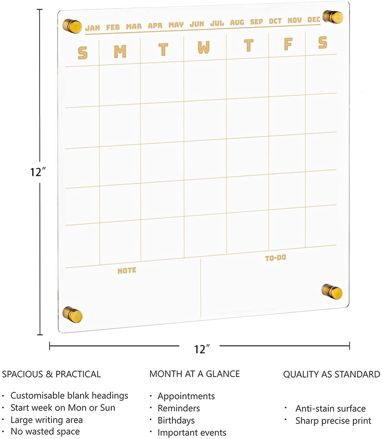 Acrylic Dry Erase Calendar for Wall,12" x 12" Dry Erase Calendar