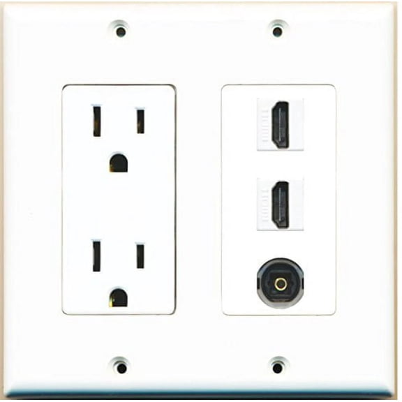 RiteAV - 15 Amp Power Outlet 2 Port HDMI 1 Port Toslink Decorative Wall Plate - White
