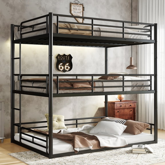 Luckynote Triple Full Bunk Bed, Metal Frame with Safety Guardrails, Noise-reduced Heavy-Duty Space-Saving for Dormitory, Black