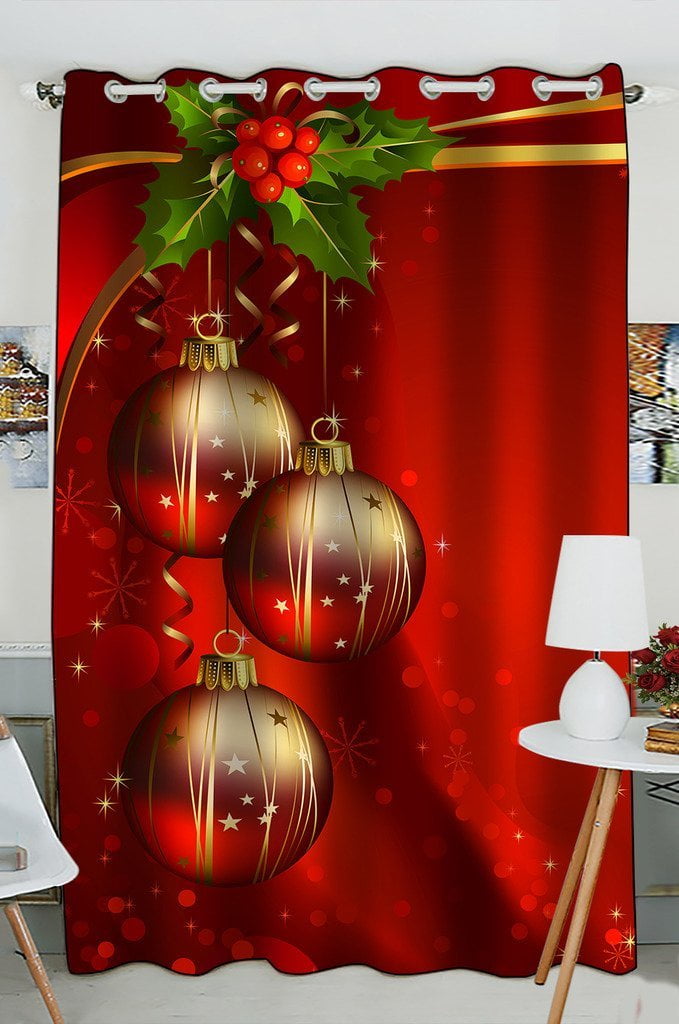 GCKG Merry Christmas Xmas Red Background Festival Balls Window Curtain