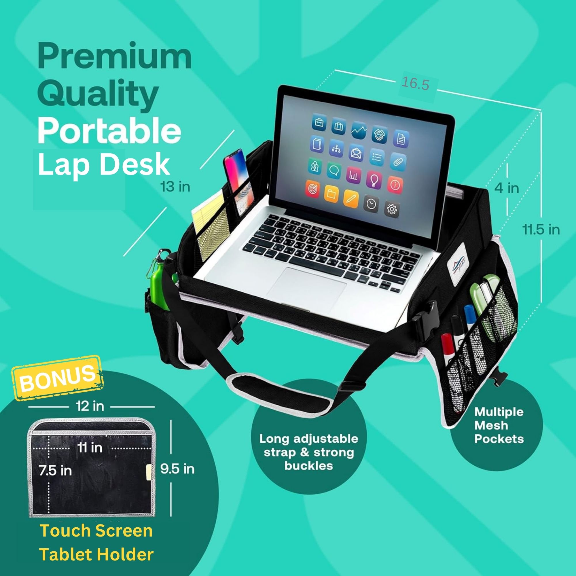 Cerizona Travel Lap Desk - Travel Tray, Portable Lap Desk for Car, Remote Work, Trips, School - Storage Pockets, Laptop Tablet Sleeve, Adjustable Carrying Strap - Fits up to 15.6-Inch Laptop (Black)