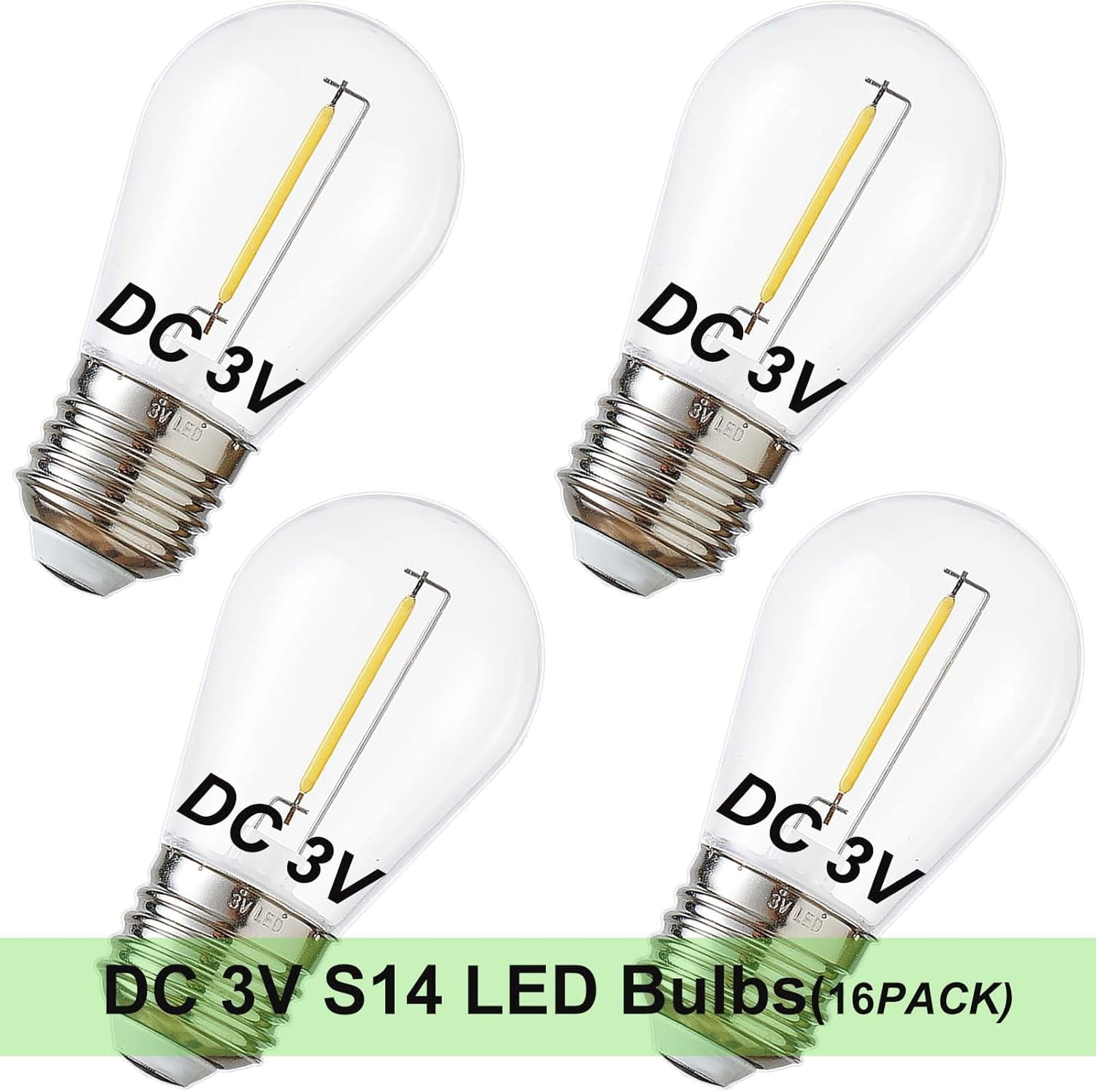 FEFEFW-DC 3V Low Voltage Solar String Light Bulbs, Only for 3V DC, Burn Out at 120V, Shatterproof Waterproof S14 LED Bulbs, E26 Base, 1W Warm White 2700K, 16 Pack