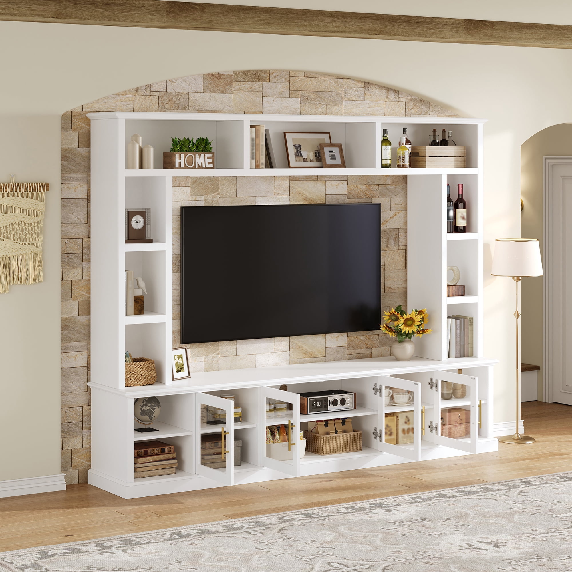 Euroco Entertainment Center Wall Unit for TVs up to 80", All-in-One Modern Entertainment Center with Bookshelves & Tempered Glass Doors, TV Console Unit with Shelving for Living Room, Entertainment
