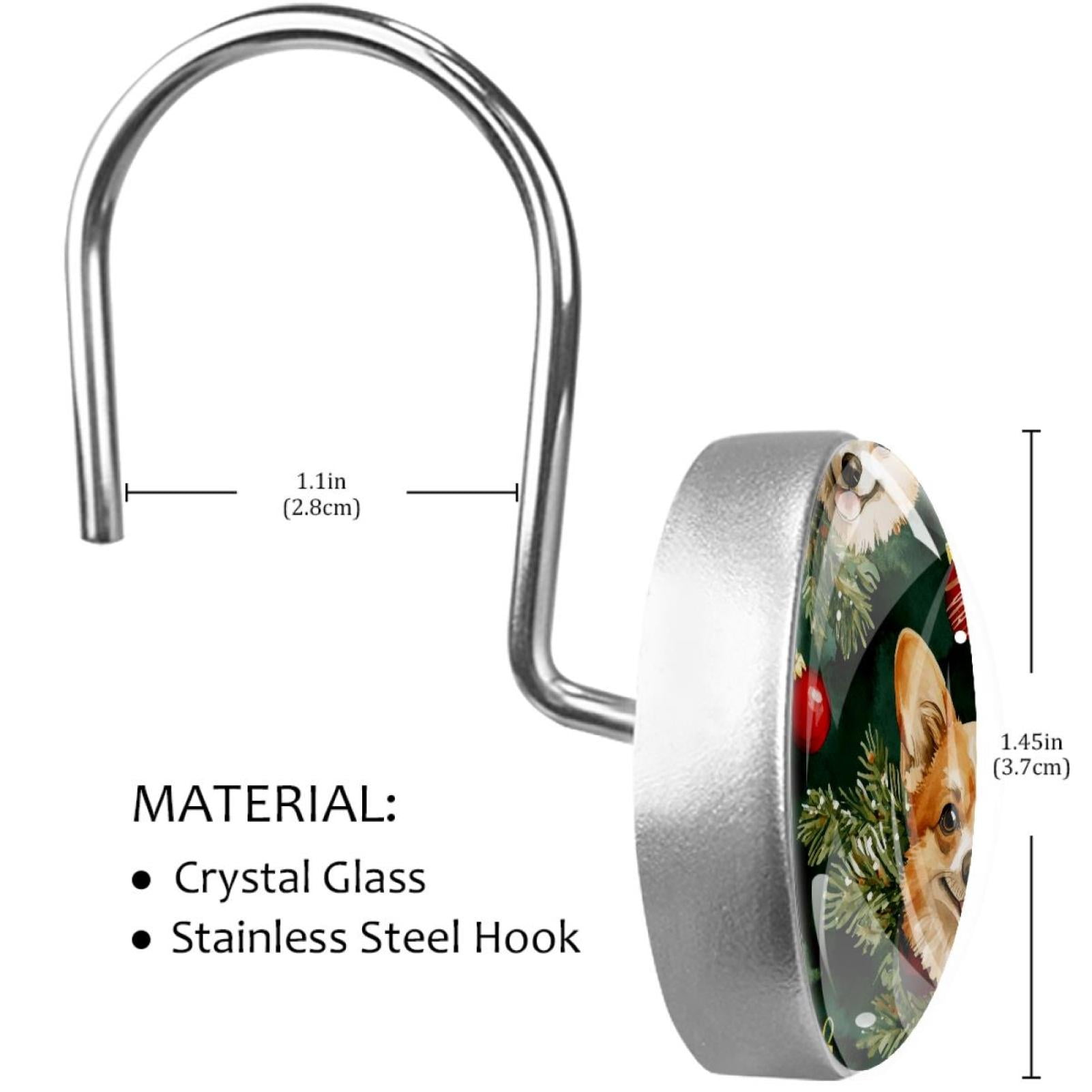 Christmas Corgis and Bells Shower Curtain Hooks Round Crystal Glass, Set of 12 Shower Curtain Rings - Shower Hooks for Curtain Shower Rings