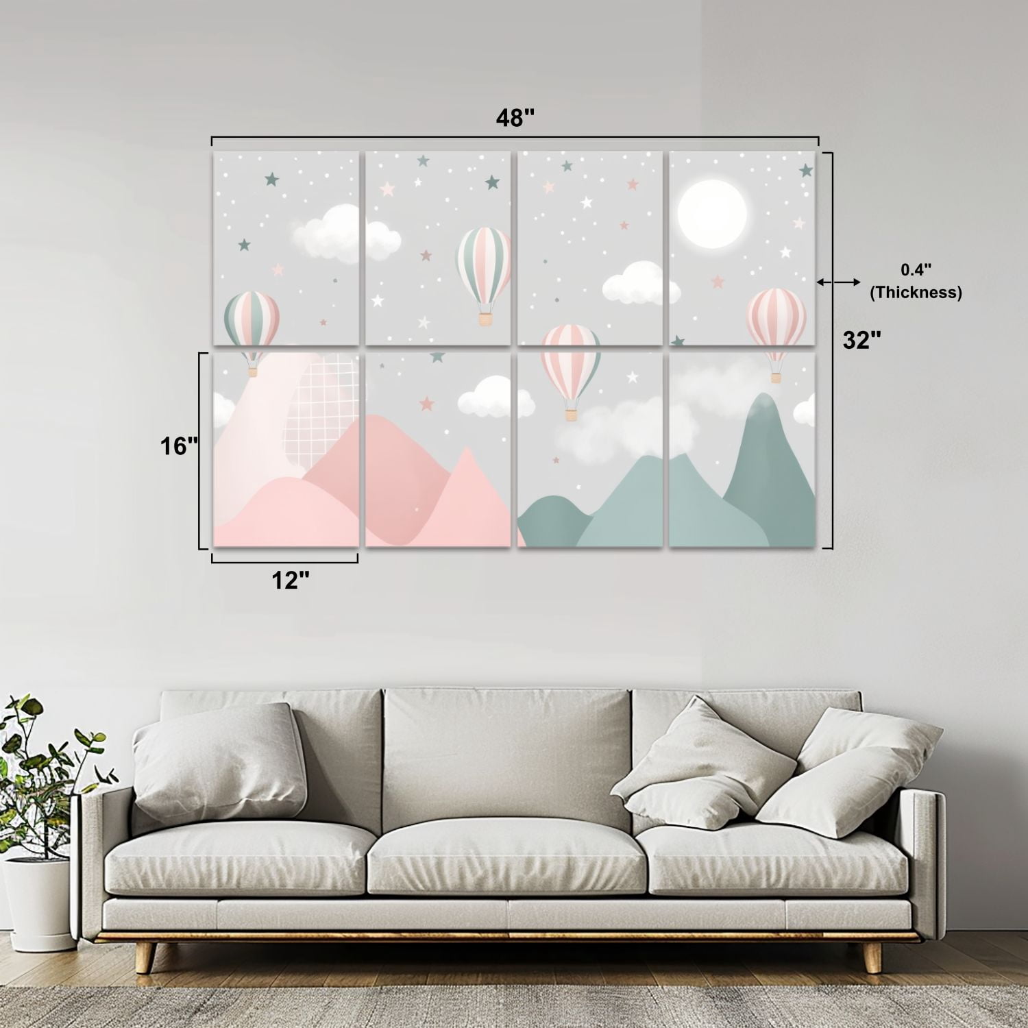 8 Pack Art Acoustic Panels Sound Absorbing Pastel Hot Air Balloons Floating Stylized Mountains Stars Clouds Decorative Soundproof Wall Panels Self Adhesive for Nursery Game Room Bedroom 48"x32"
