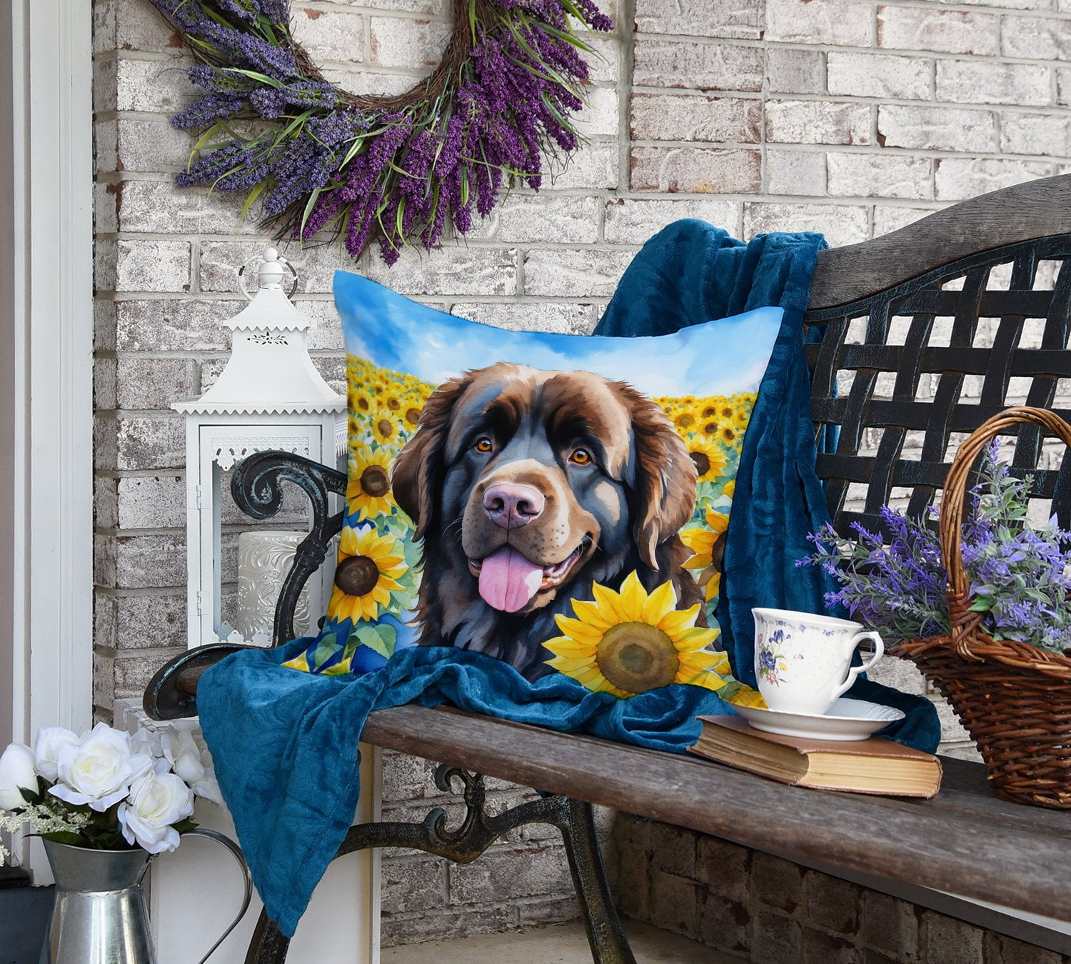 Newfoundland in Sunflowers Throw Pillow 18 in x 18 in