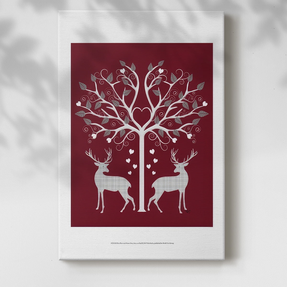 Christmas Des - Deer and Heart Tree, Grey on Red- Gallery Wrapped Canvas