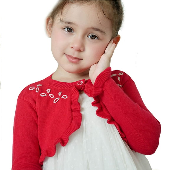 Bolero Shrug Sweater Toddler Girls Embroidered Ruffle Hem Knitted Crop Cardigans Long Sleeve Kids Cover up for Dress, Red, 2 Years