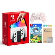 2021 New Nintendo Switch OLED Model White Joy Con 64GB Console Improved HD Screen & LAN-Port Dock with The Legend of Zelda Link's Awakening And Mytrix Wireless Pro Controller and Accessories