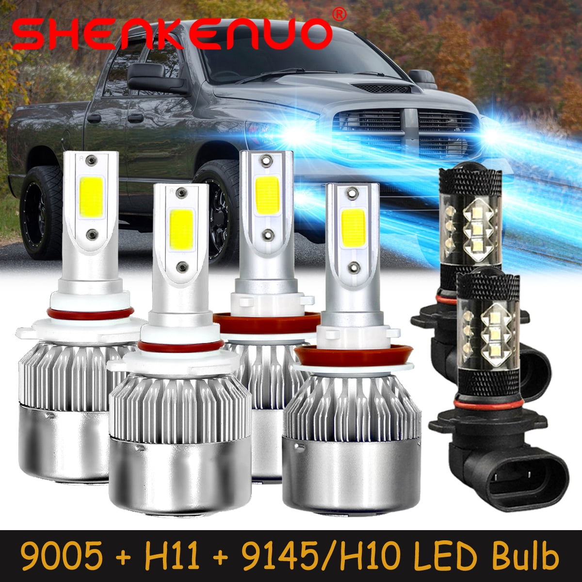 SHENKENUO for 2009-2019 Dodge Ram 1500 2500 3500 4500 - LED Headlight Bulbs  High Low Beam + Fog Light,9005+H11+9145/H10,8000K Ice Blue,Pack of 6,C02 