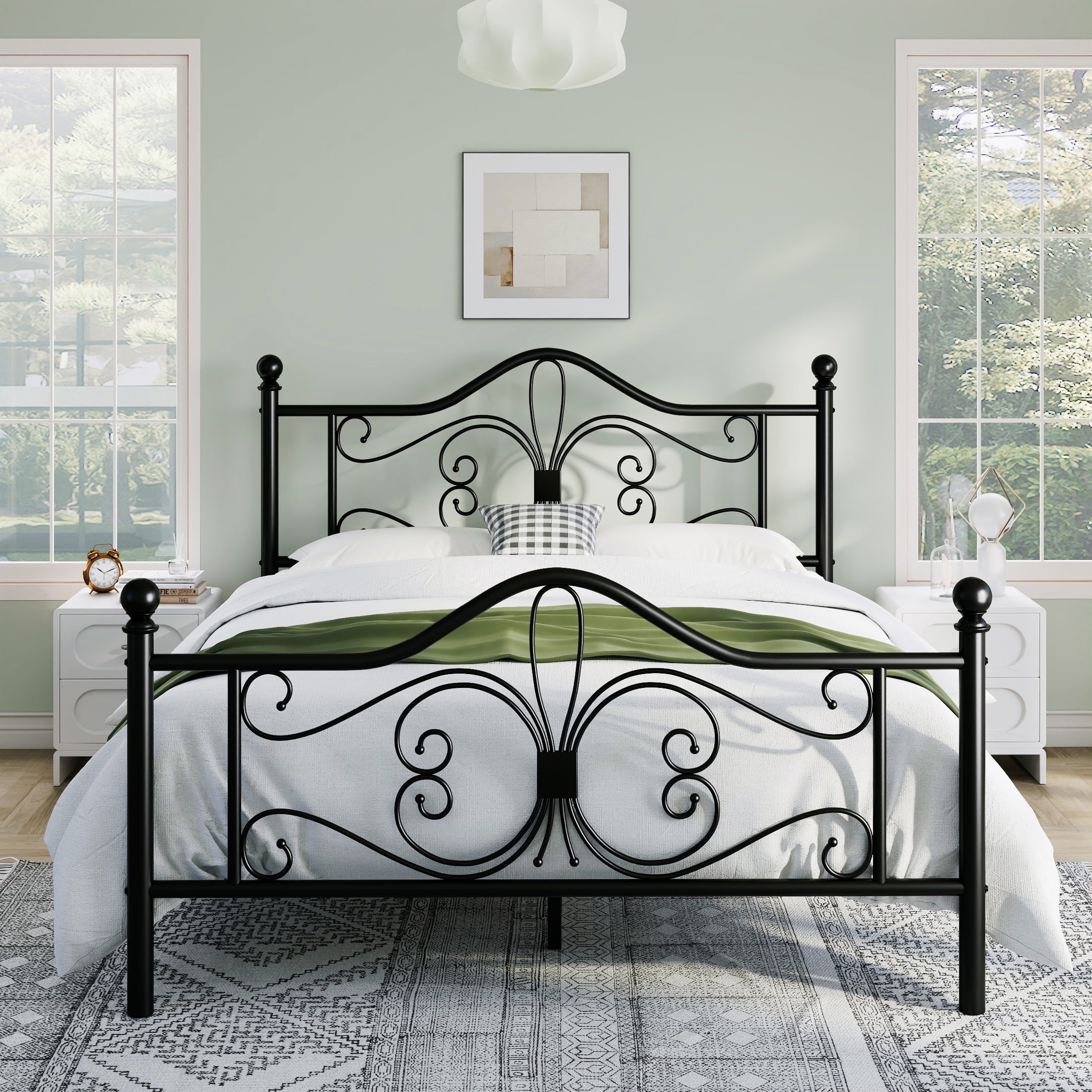Sha Cerlin Queen Size Metal Platform Bed Frame with Victorian Vintage Butterfly Headboard&Footboard, Black