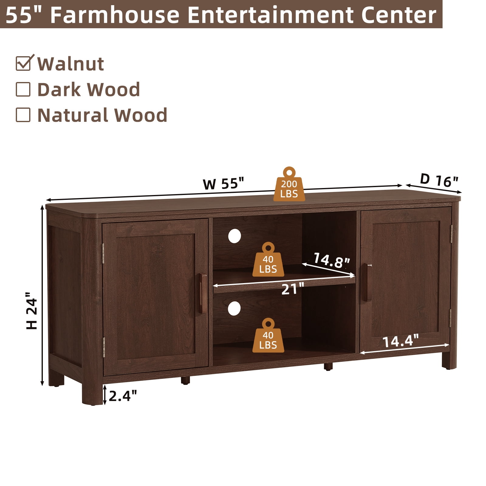 Joaxswe Modern Farmhouse with 2 Doors TV Stand, up to 65 inches, Rustic TV Stands for Bedroom, Walnut Wood Grain Finish