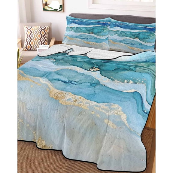Teal Blue Ombre Twin XL Size Down Alternative Comforter, Lightweight Comforter Quilt Bedding Set with Pillow Shams Modern Coastal Ink Painted Abstract All Seasons Bed Comforter Duvet Insert 68"x98"