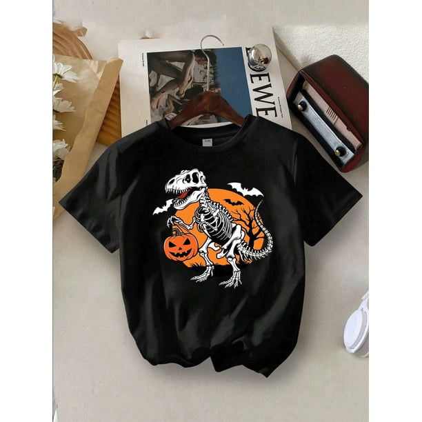 Festive Skeleton Dinosaur Graphic Tee, Classic Short Sleeve Casual Top With Funny Halloween Pumpkin Print, HighQuality Cotton Fabric, Durable and Comfortable Fashion TShirt