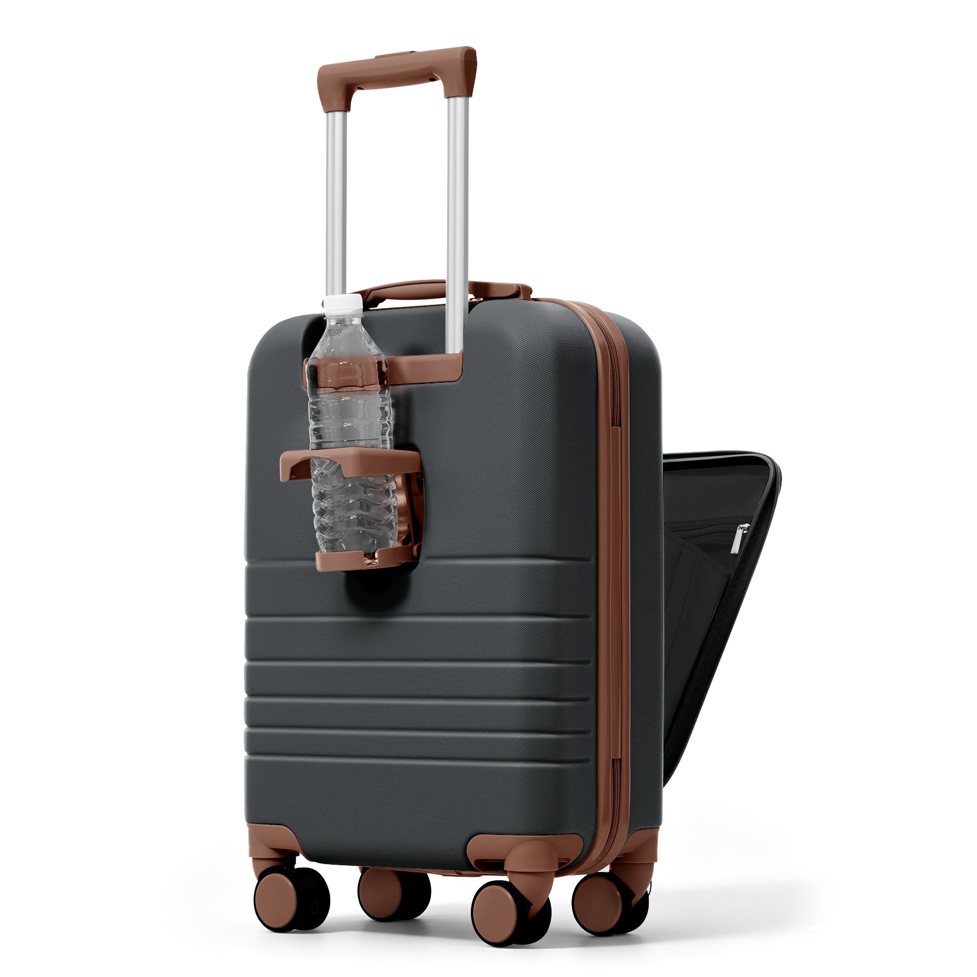 Euroco 2 Piece Luggage Sets Front-Opening, 20" Carry On Luggage with Cup Holder, USB Charging Ports,TSA Lock & Spinner Wheels,ABS Hardshell Lightweight Suitcase Set for Travel,Black+Brown