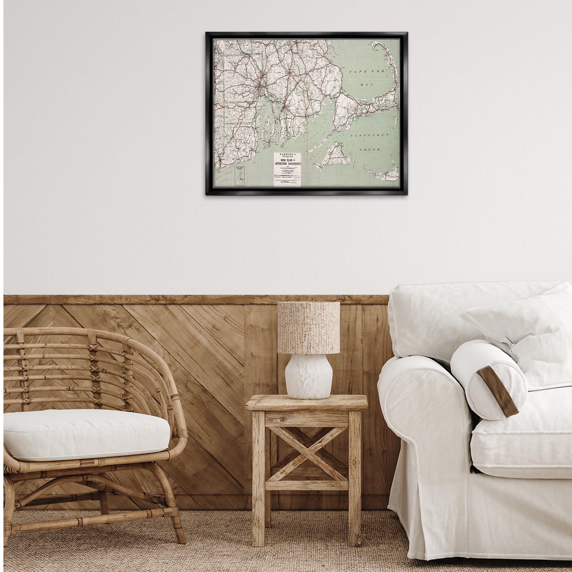 Stupell Industries Cape Cod & RI Map Cities & Countries Painting Black Floater Framed Canvas Art Print Wall Art, 31 x 25