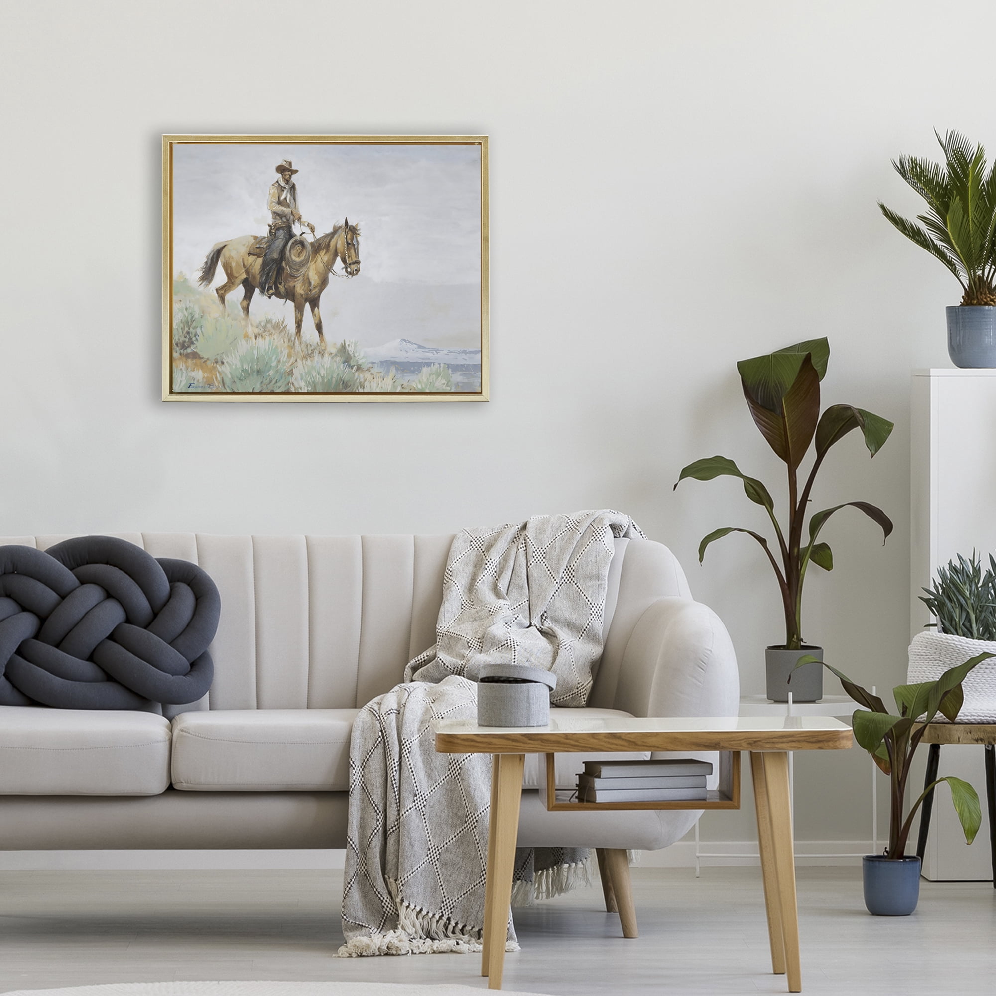 Stupell Industries Mounted Cowboy on Sagebrush Ridge Gold Framed Floater Canvas Wall Art, design by Arlington Prints