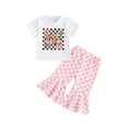 thumbnail image 2 of Elippeo Little Girl Summer Set 6 12 18 24 Months 3 4 Years Letter Floral Print Short Sleeve Tops with Checkerboard Bell-Bottom Pants 2 Pcs Outfit, 2 of 9