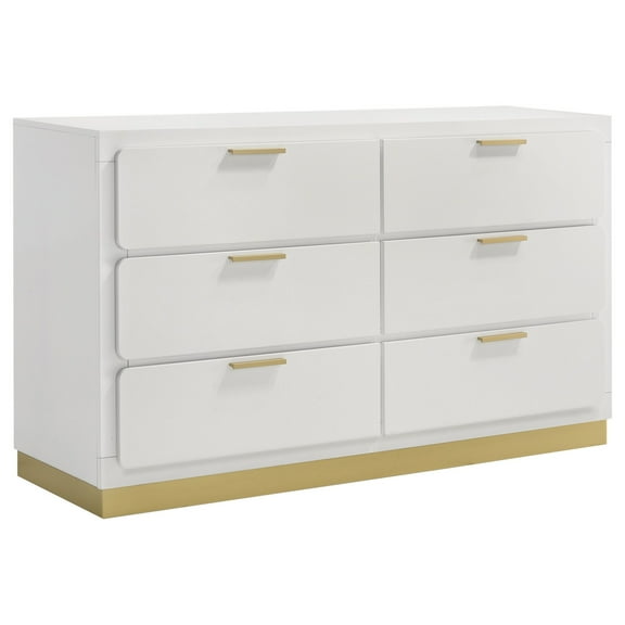 Caer Dresser, 6 Drawers, Gold Accent Recessed Base, Bar Handles, White