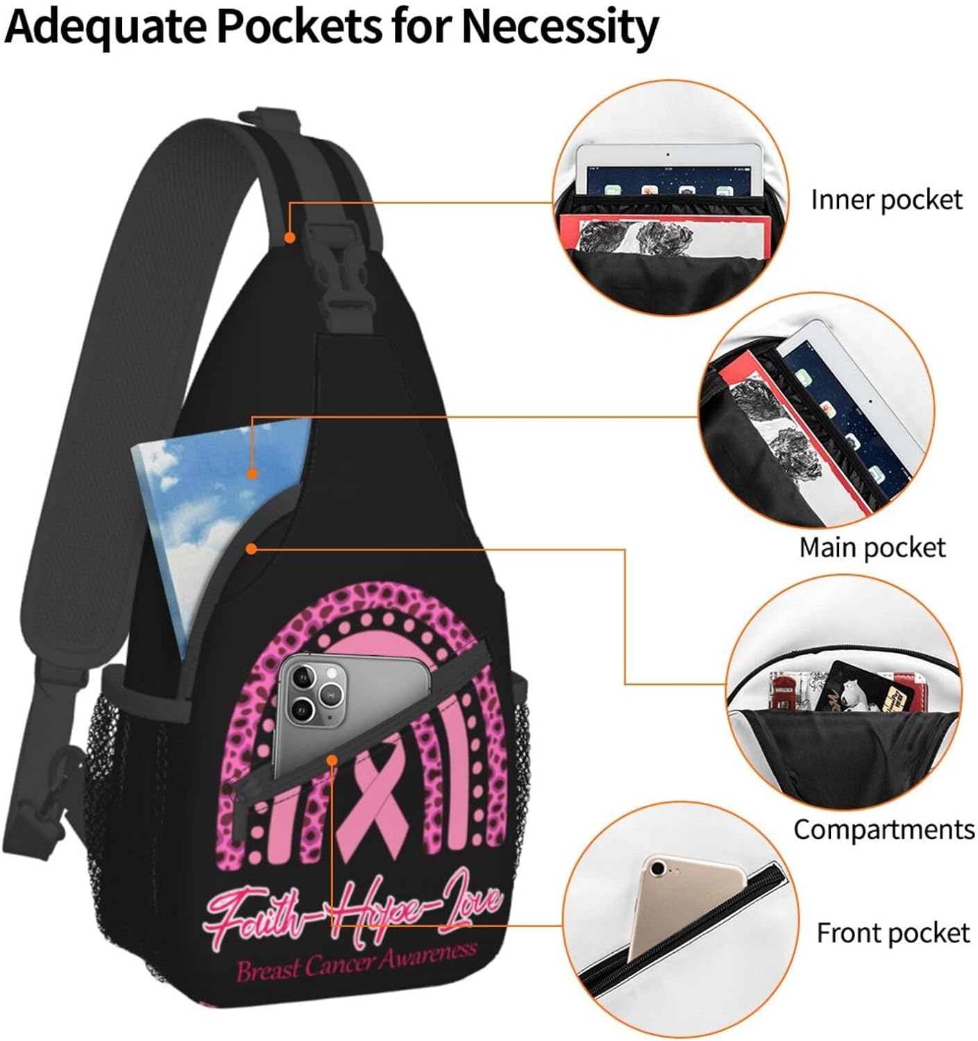 Breast Cancer Awareness Faith Love Hope Rainbow Sling Bag Crossbody Hiking Travel Chest Bags Backpack Shoulder Daypack for Women Men