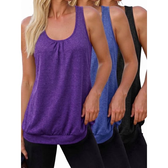 Weardear 3 Pack Racerback Tank Tops for Women Moisture Wicking Athletic Shirts with Banded Bottom Loose Tummy Flattering Running Tops