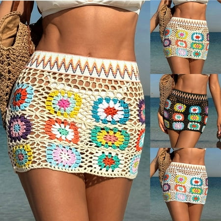 Axiiglly Beach Cover Ups for Women Elastic Waist Mini Skirts Summer Bohemian Crochet Swimsuit Coverups Casual Bikini Vacation Oufits Hollow Out Bathing Suit Cover Up