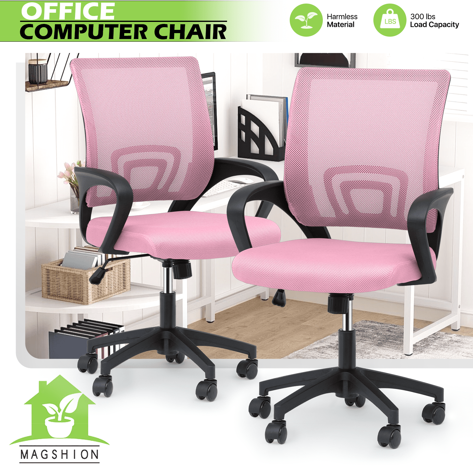 Magshion Set of 2 Office Chairs Mid Back Swivel Desk Chairs, Height Adjustable Ergonomic Mesh Computer Chairs with Armrest & Lumbar Support, Pink