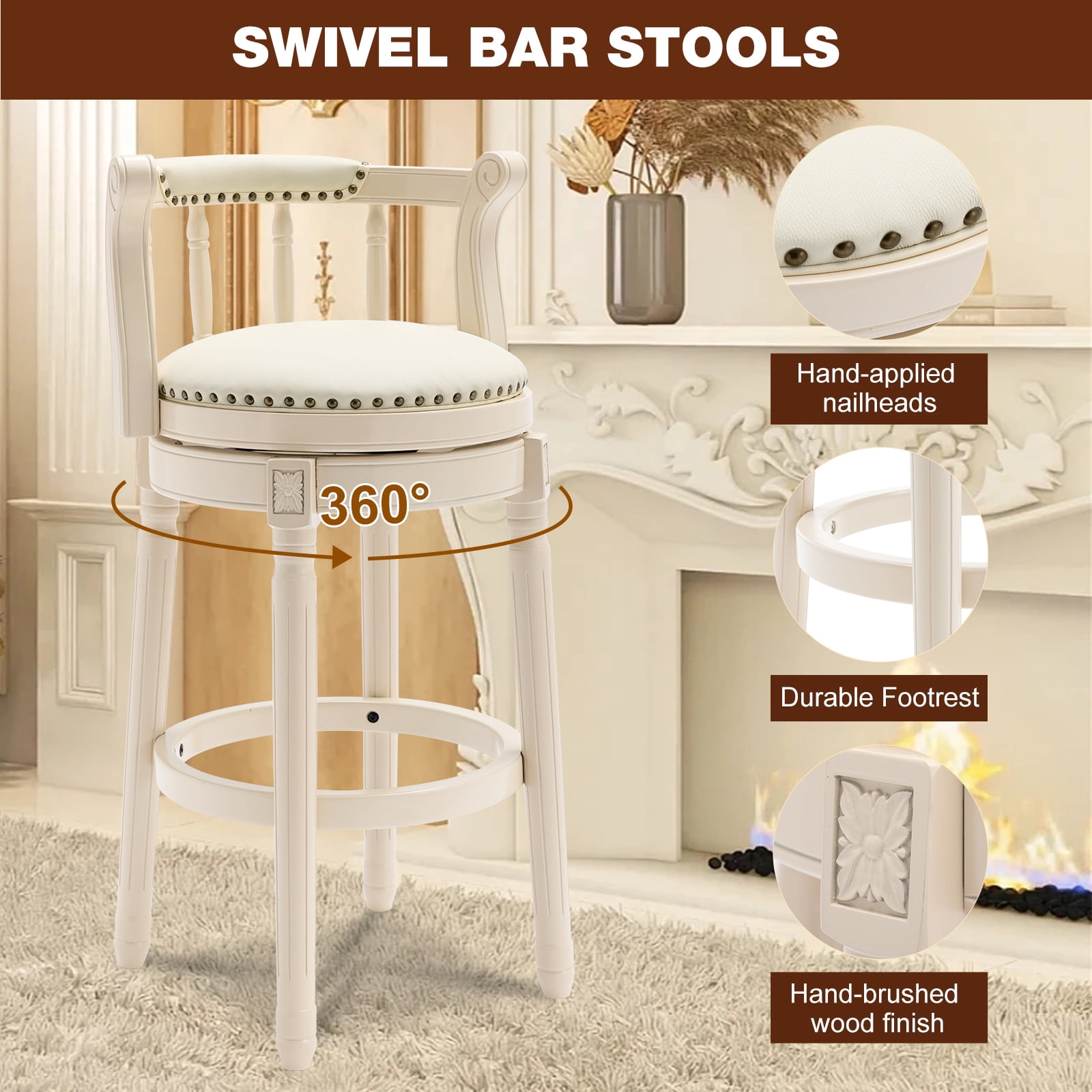 Aulife Bar Stools Genuine Leather Counter Height barstool Wooden Swivel kitchen Stool with Footrest for Kitchen Dining Room(ivory frame-Navy seat, Counter-29.5" seat height)