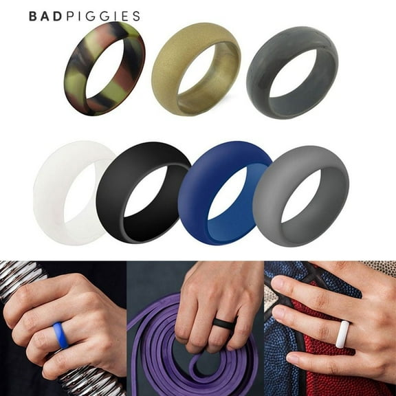 BadPiggies Men's 7 Pack Silicone Rubber Fashion Rings Band Activity Set for Gift Workout Sport, No Stone (Size 8)