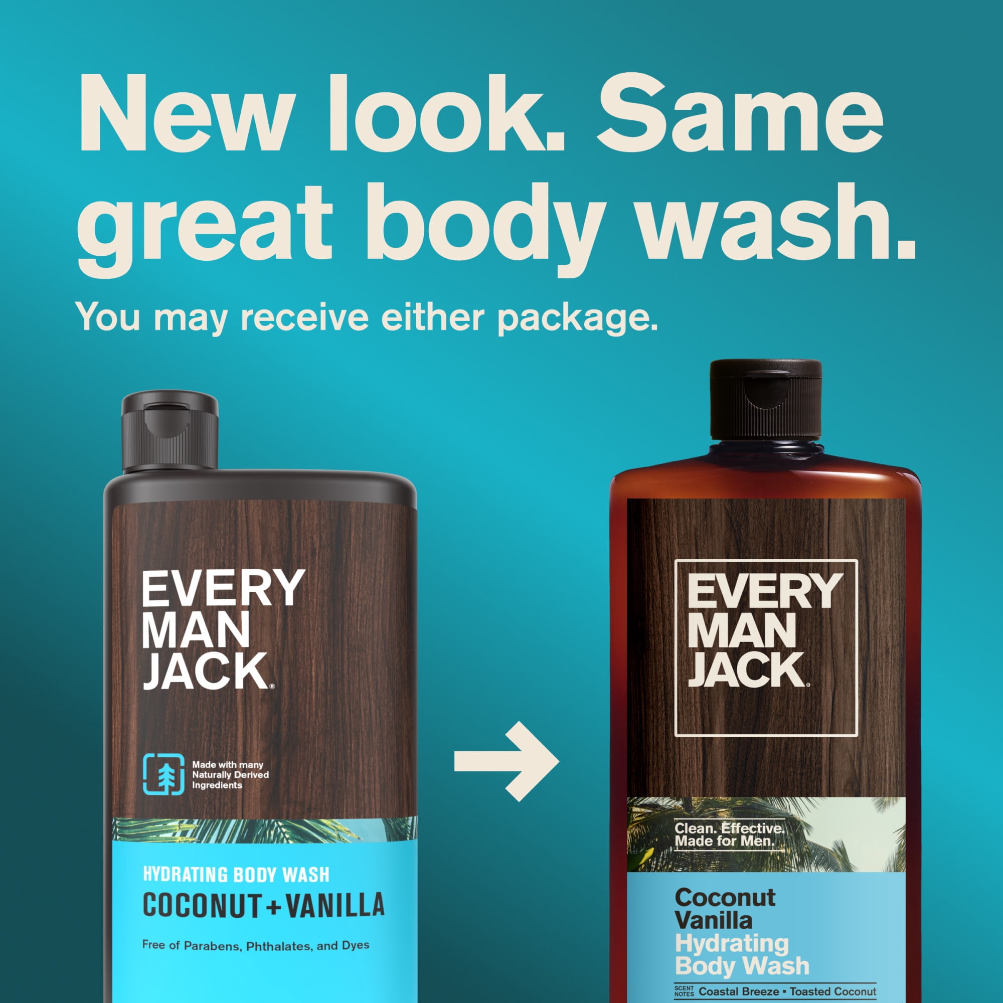 (3 pack) Every Man Jack Coconut + Vanilla Hydrating Body Wash for Men, Naturally Derived, 16.9 fl. oz