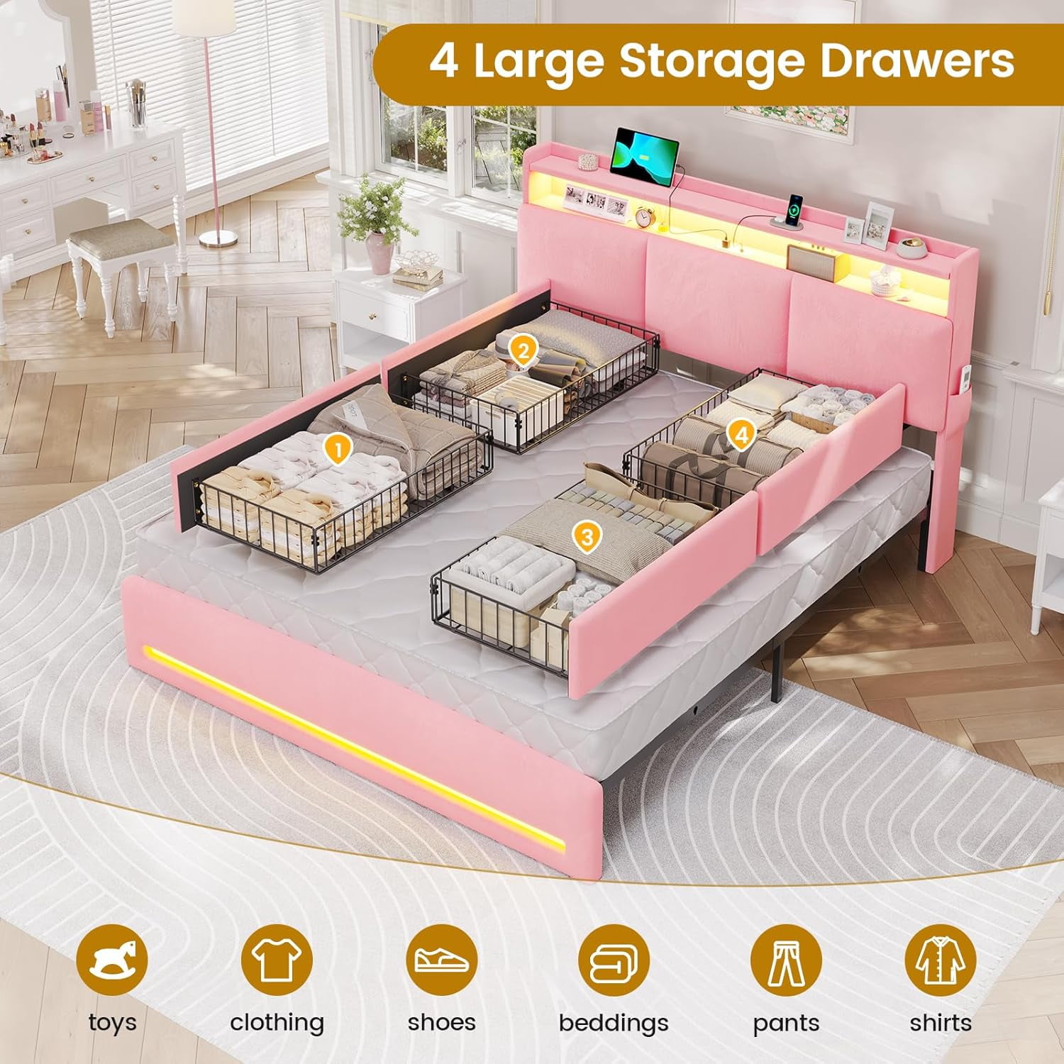 Queen Bed Frame with Storage Headboard and Charging Station, Velvet Upholstered Bed Frame Queen Size with 4 Drawers and LED Lights, Type C and USB, No Box Spring Needed, Pink