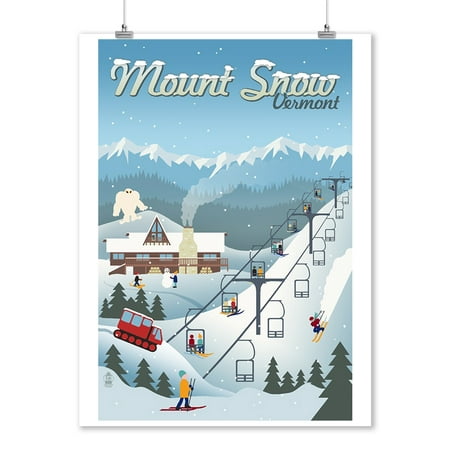 Mount Snow, Vermont - Retro Ski Resort - Lantern Press Artwork (9x12 Art Print, Wall Decor Travel (Best Vermont Ski Resorts Map)
