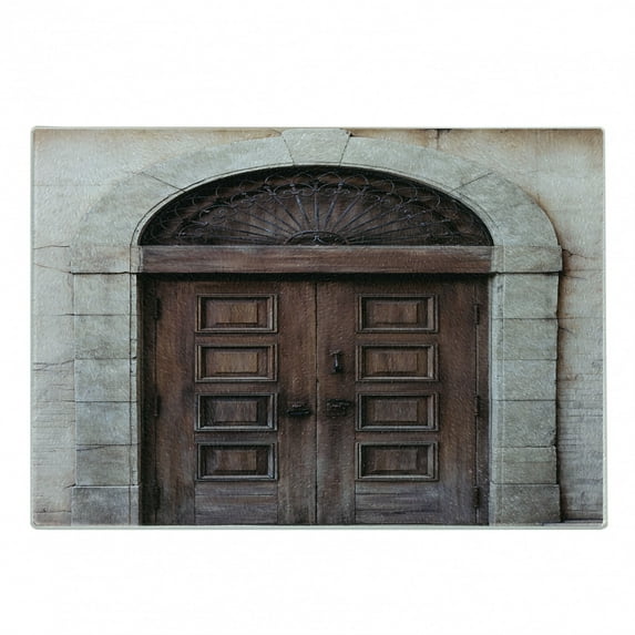 Rustic Cutting Board, Arched Wooden Venetian Door with Eastern Royal Ottoman Elements European Culture, Decorative Tempered Glass Cutting and Serving Board, Small Size, Brown Cream, by Ambesonne