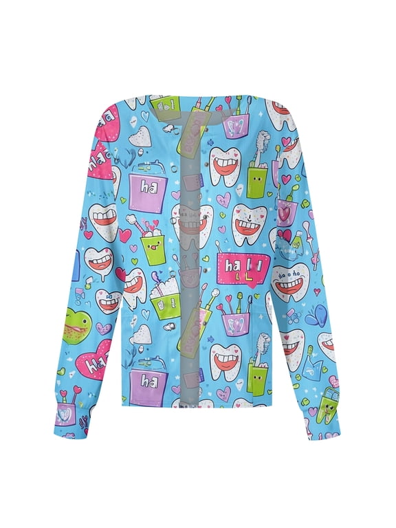 Cartoon Print Lightweight Scrub Jacket for Women Warm Up Snap Front Womens Nurse Uniforms with Pocket S-5XL Plus Size Scrubs for Women