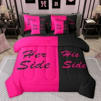 Homewish Romantic Valentine Bedding Comforter Set 7 Pieces for Couple, Hot Pink Splicing Full Bedding Set, Modern Simple Theme Reversible Fitted Sheet Flat Sheet, Super Cozy Room Decor