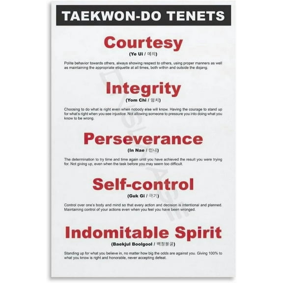 Five Tenets of Taekwondo Korean And English Wall Art Poster (2) Canvas Painting Wall Art Poster for Bedroom Living Room Decor