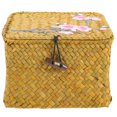 thumbnail image 1 of GOOHOCHY Cesta tejida de paja, cesta tejida para artículos diversos con tapa, cesta para guardar cosméticos, decoración del hogar, 1 of 8