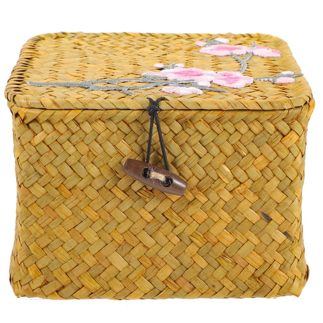 GOOHOCHY Cesta tejida de paja, cesta tejida para artículos diversos con tapa, cesta para guardar cosméticos, decoración del hogar